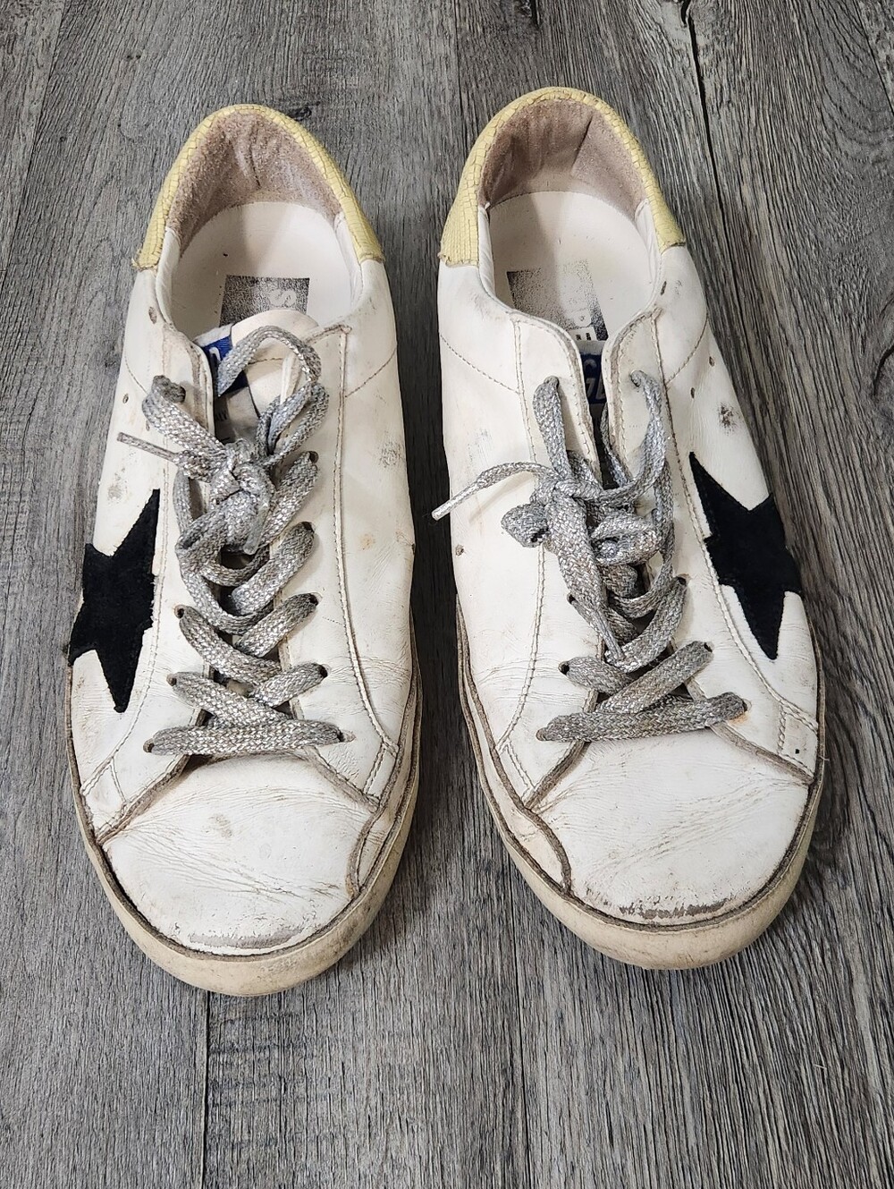 Golden Goose White Leather Sneakers with Black Star and Yellow Heel